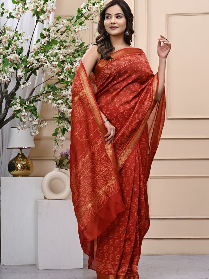 Curated Handblock Printed Maheshwari Silk Saree with Blouse