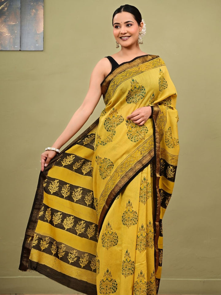 Premium Yellow Bagh Print HandBlock Pure Maheshwari Silk Saree