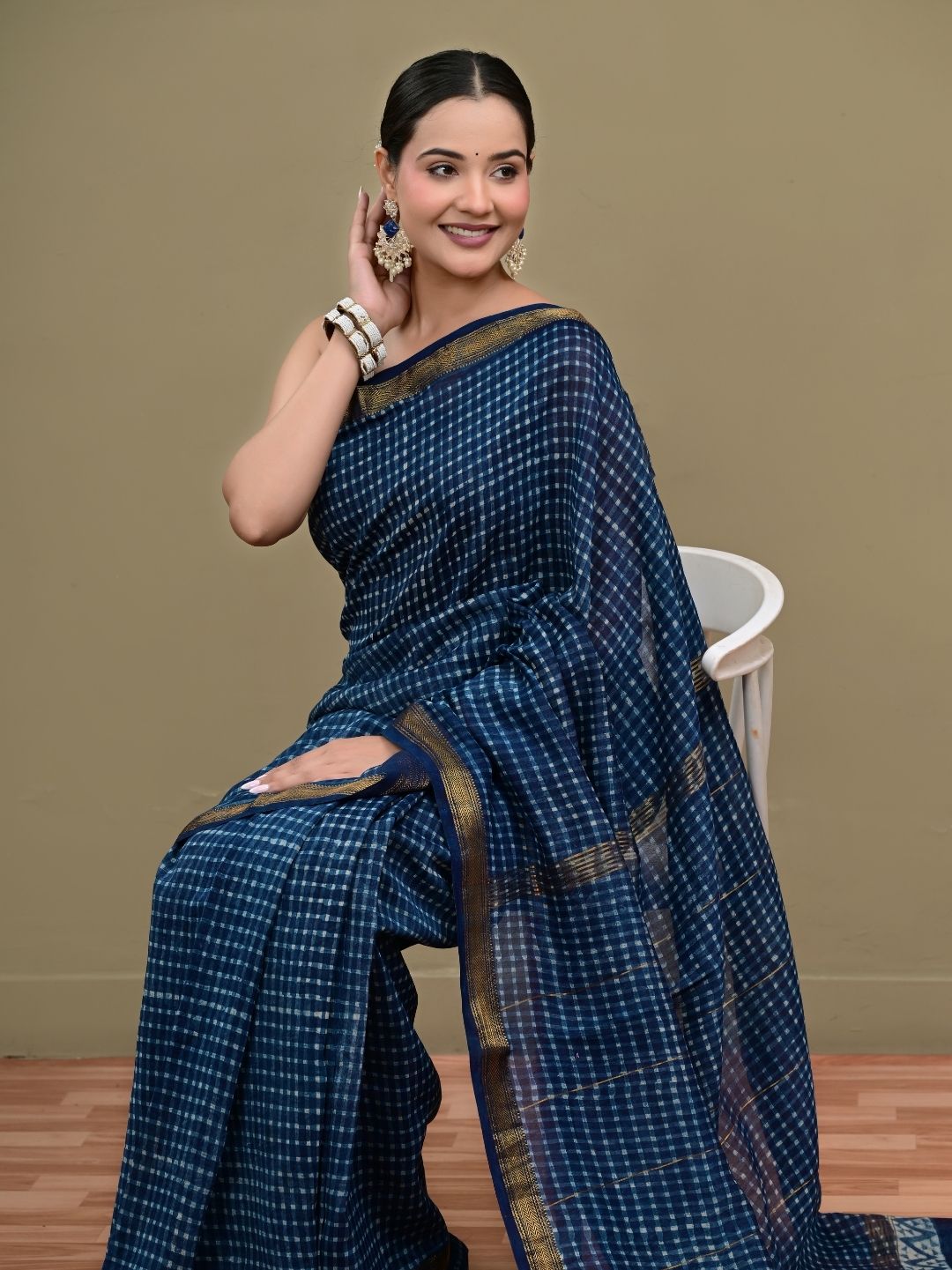Indigo Check Box Design HandBlock Pure Maheshwari Silk Saree