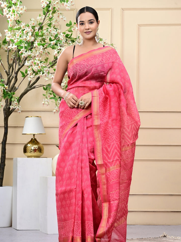 Warm Pink Handblock Print Maheshwari Silk Sarees