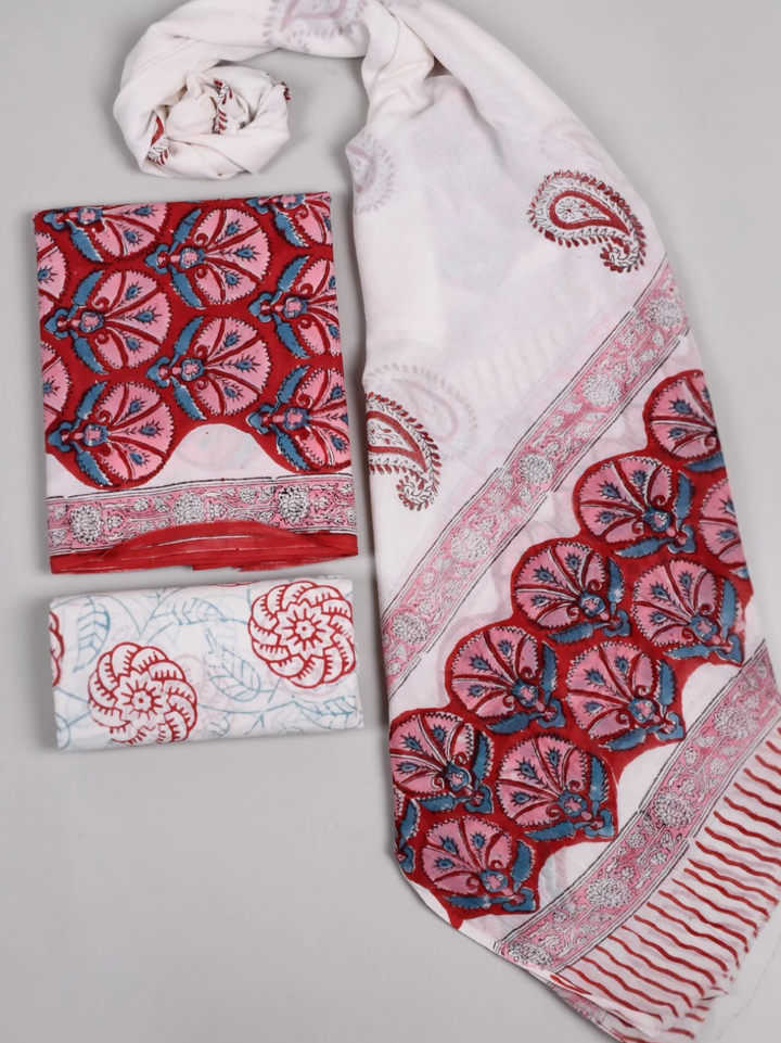 Supreme Fabric Red Cotton Suit with Soft Mulmul Cotton Dupatta