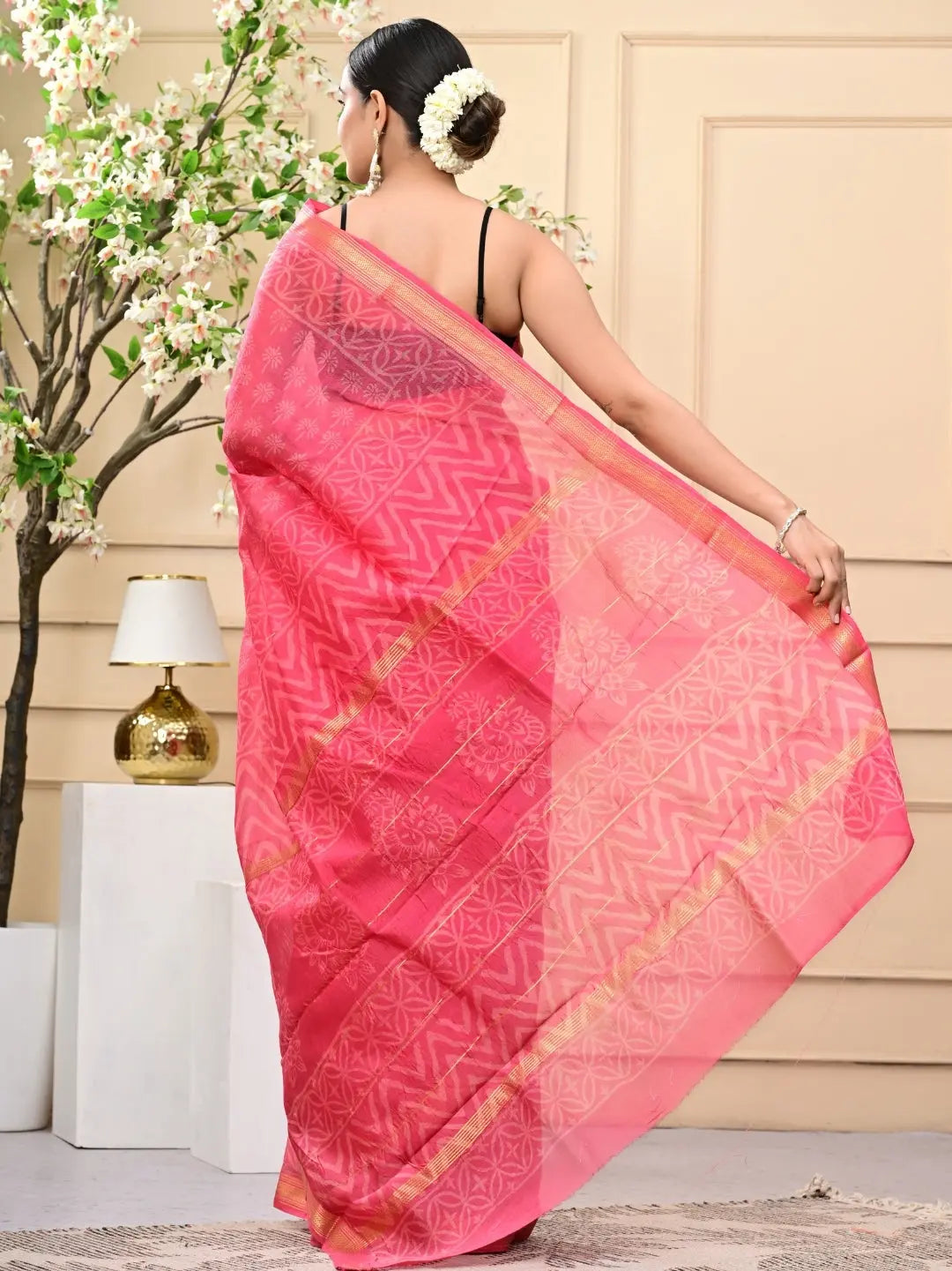 Warm Pink Handblock Print Maheshwari Silk Sarees