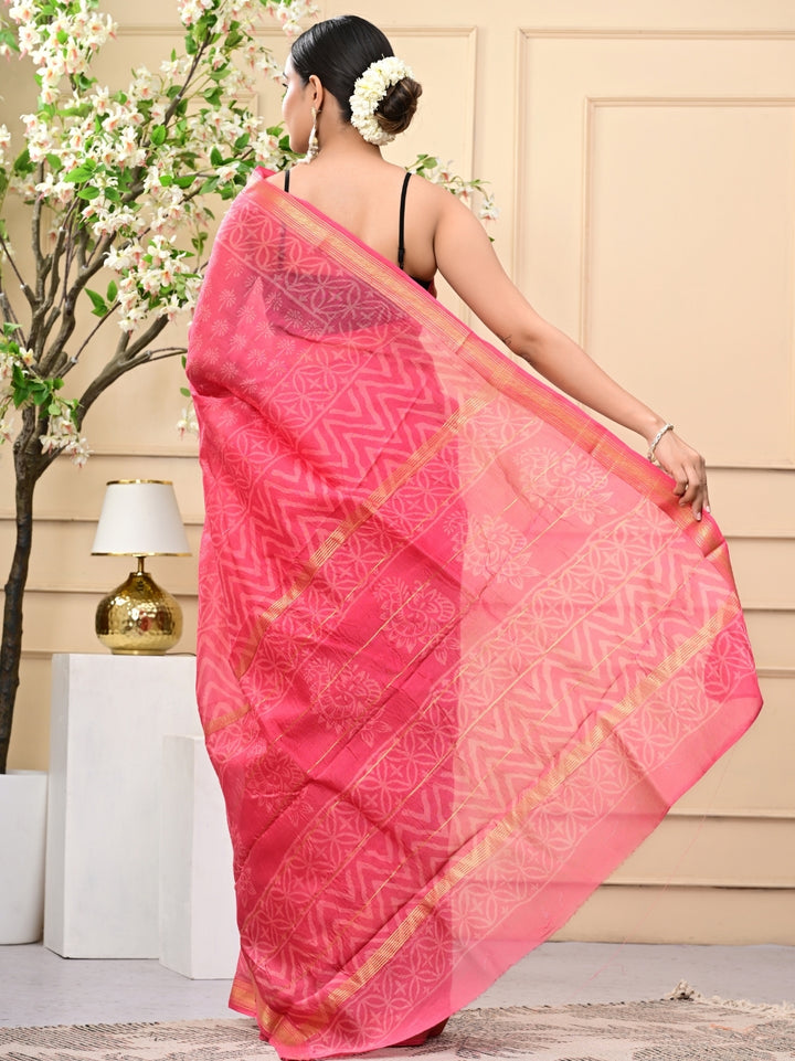 Warm Pink Handblock Print Maheshwari Silk Sarees