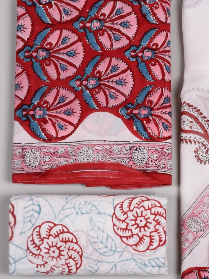 Supreme Fabric Red Cotton Suit with Soft Mulmul Cotton Dupatta