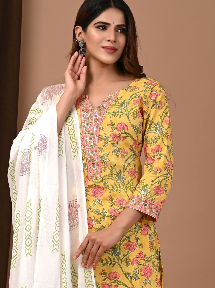 Yellow Rapid Hand Block Printed Cotton Suit