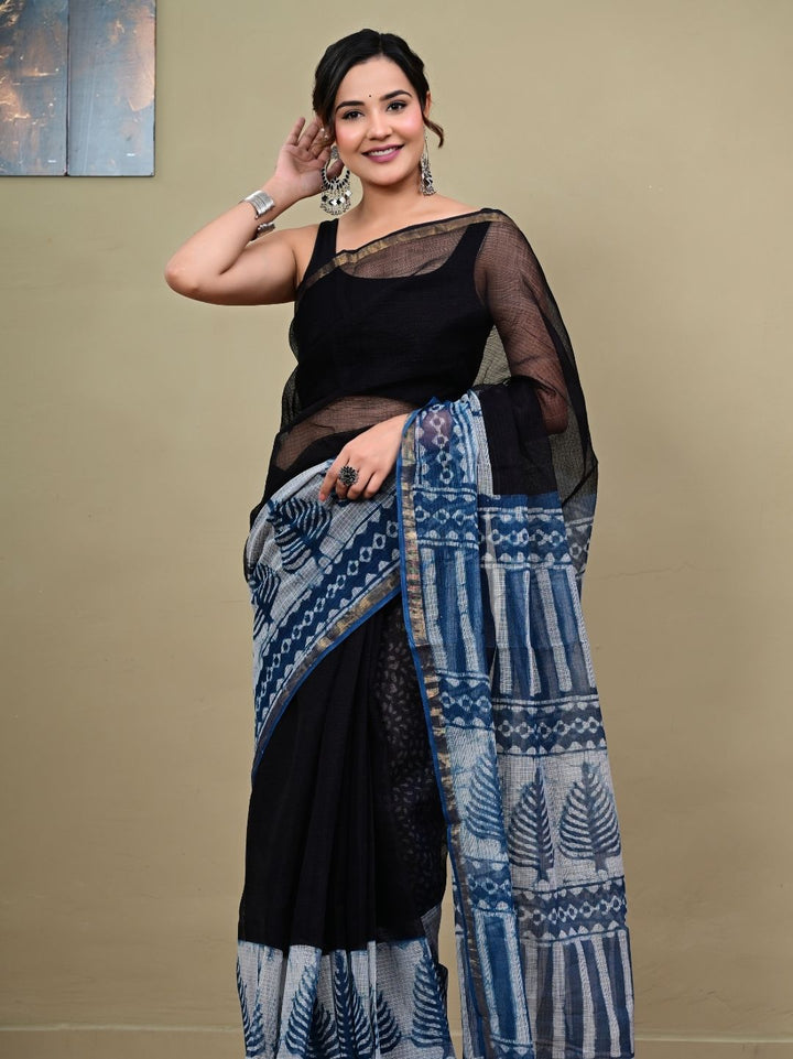 Indigo Blue With Black Putai pattern HandBlock Pure Kota Doriya Saree