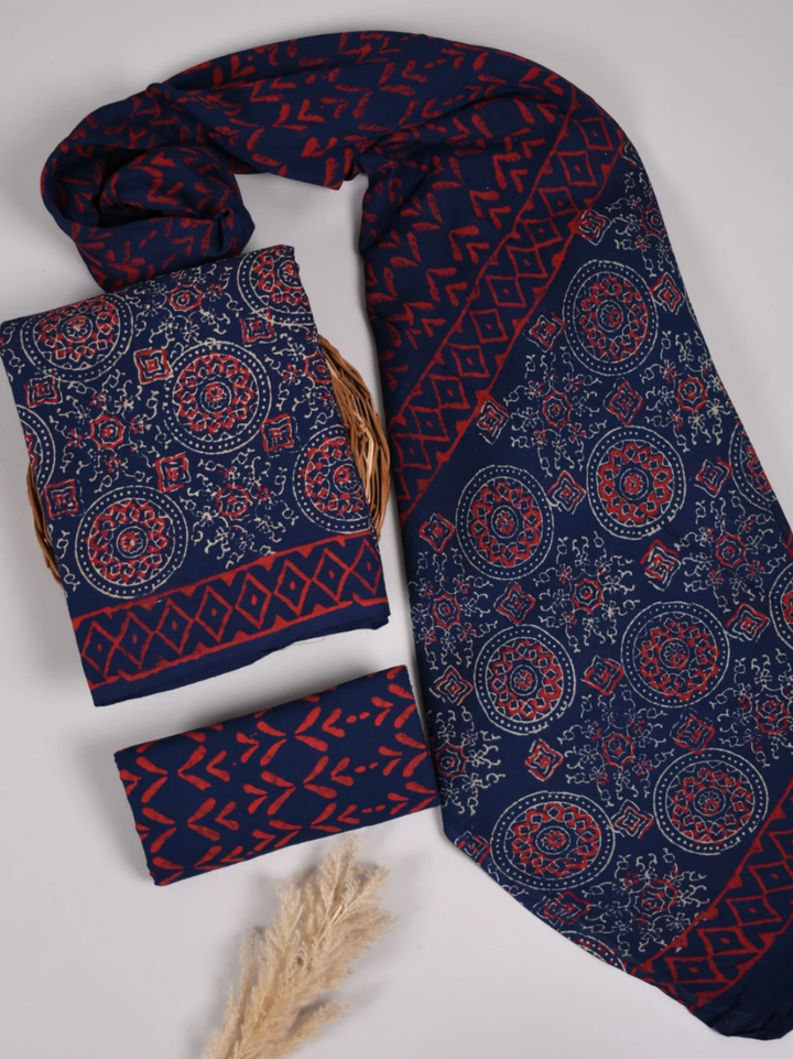 Traditional Bagru Block Printed Cotton Suit with Mul Cotton Dupatta