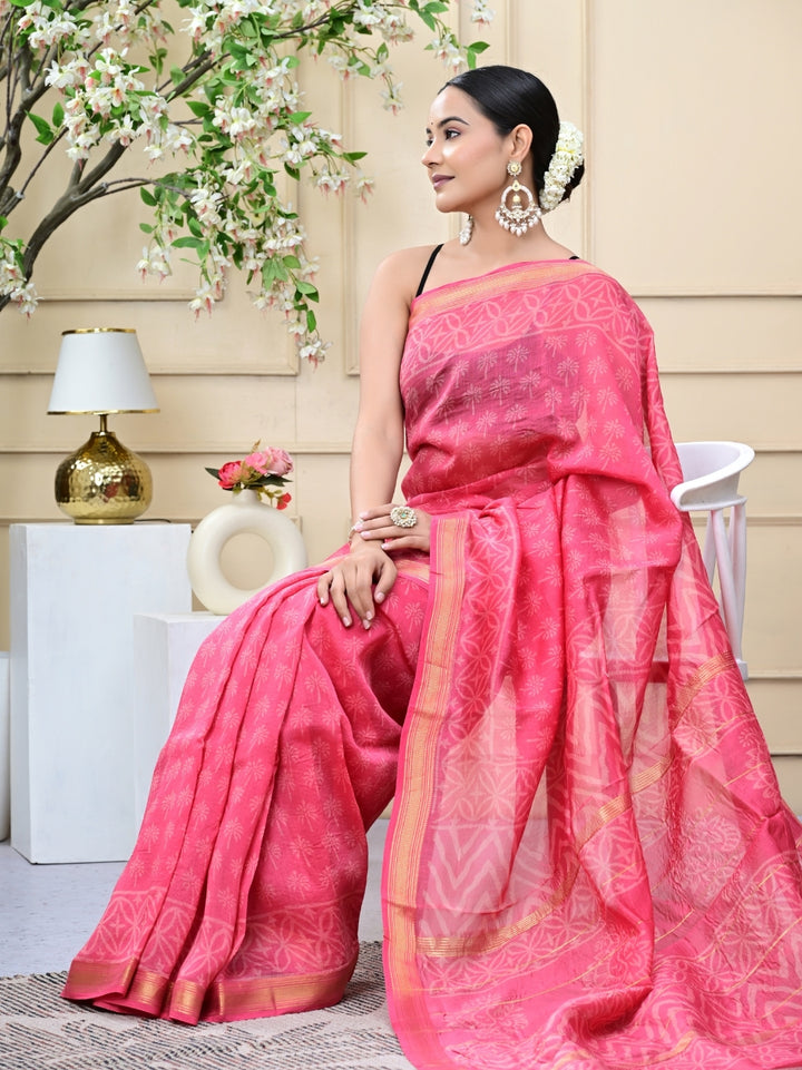 Warm Pink Handblock Print Maheshwari Silk Sarees