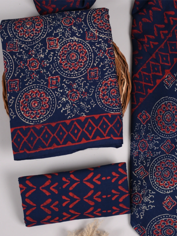 Traditional Bagru Block Printed Cotton Suit with Mul Cotton Dupatta