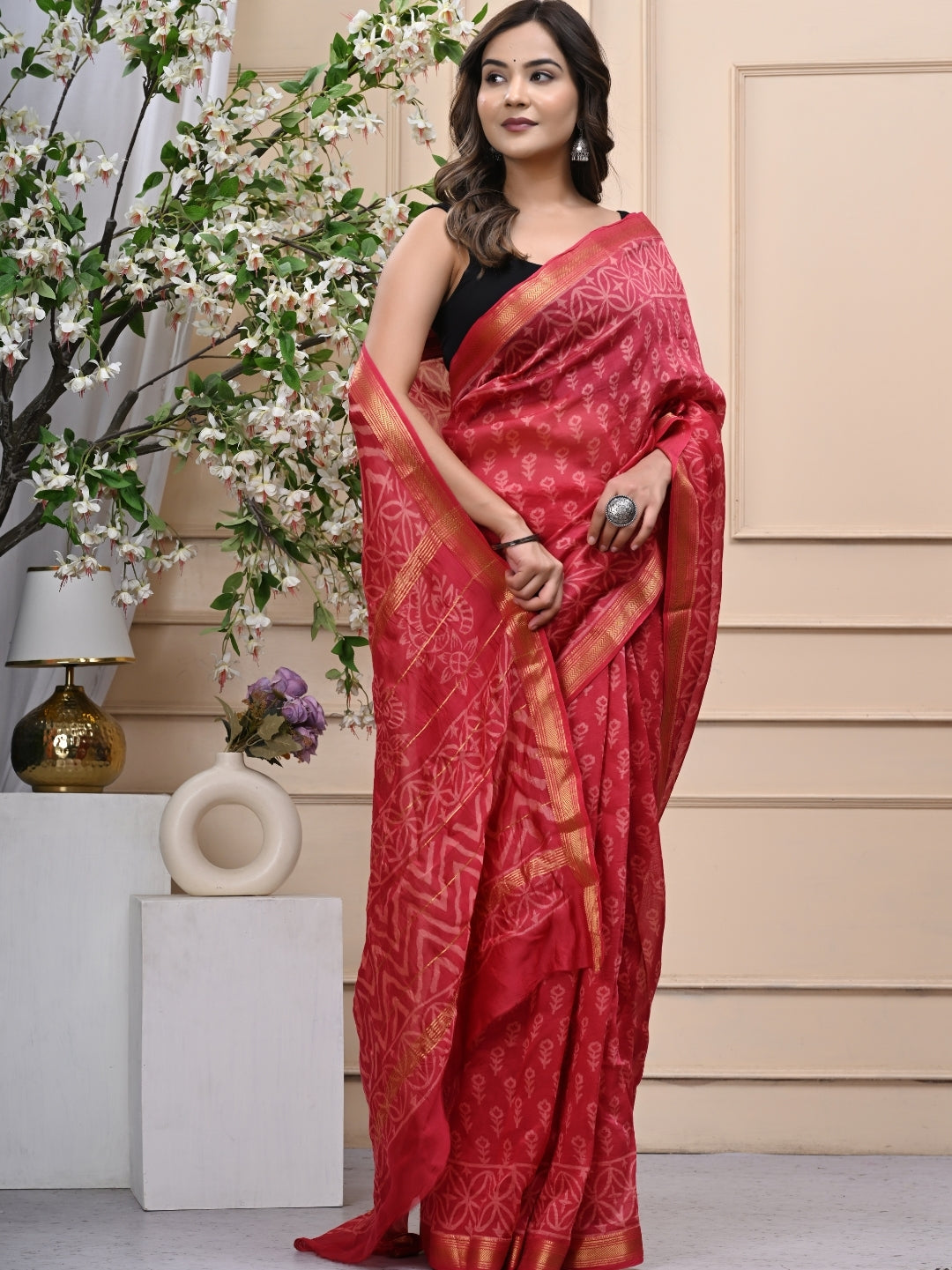 Reddish Pink Handblock Printed Maheshwari Silk Saree with Blouse