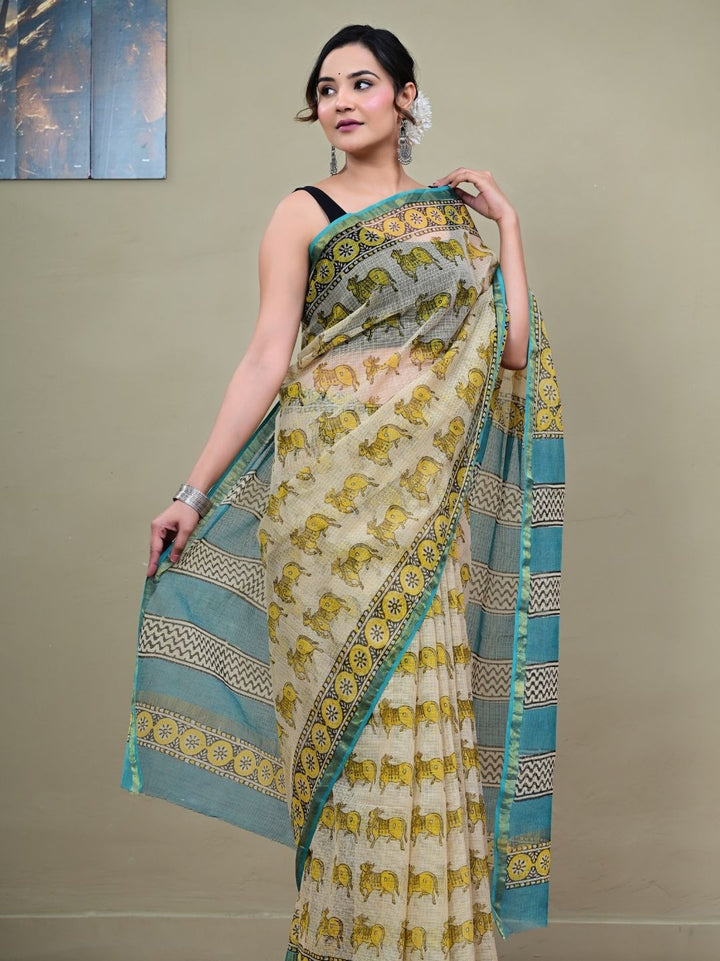 Bull Design Beige Colour Base HandBlock Pure Kota Doriya Saree