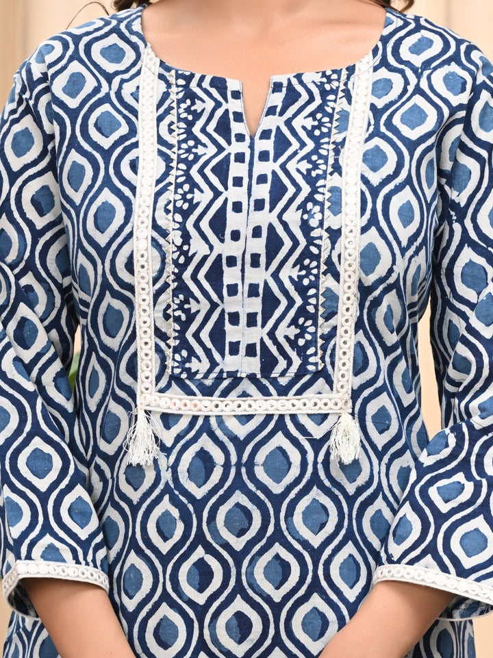 Indigo Bagru Handblock Printed Cotton Suit With Mulmul Dupatta