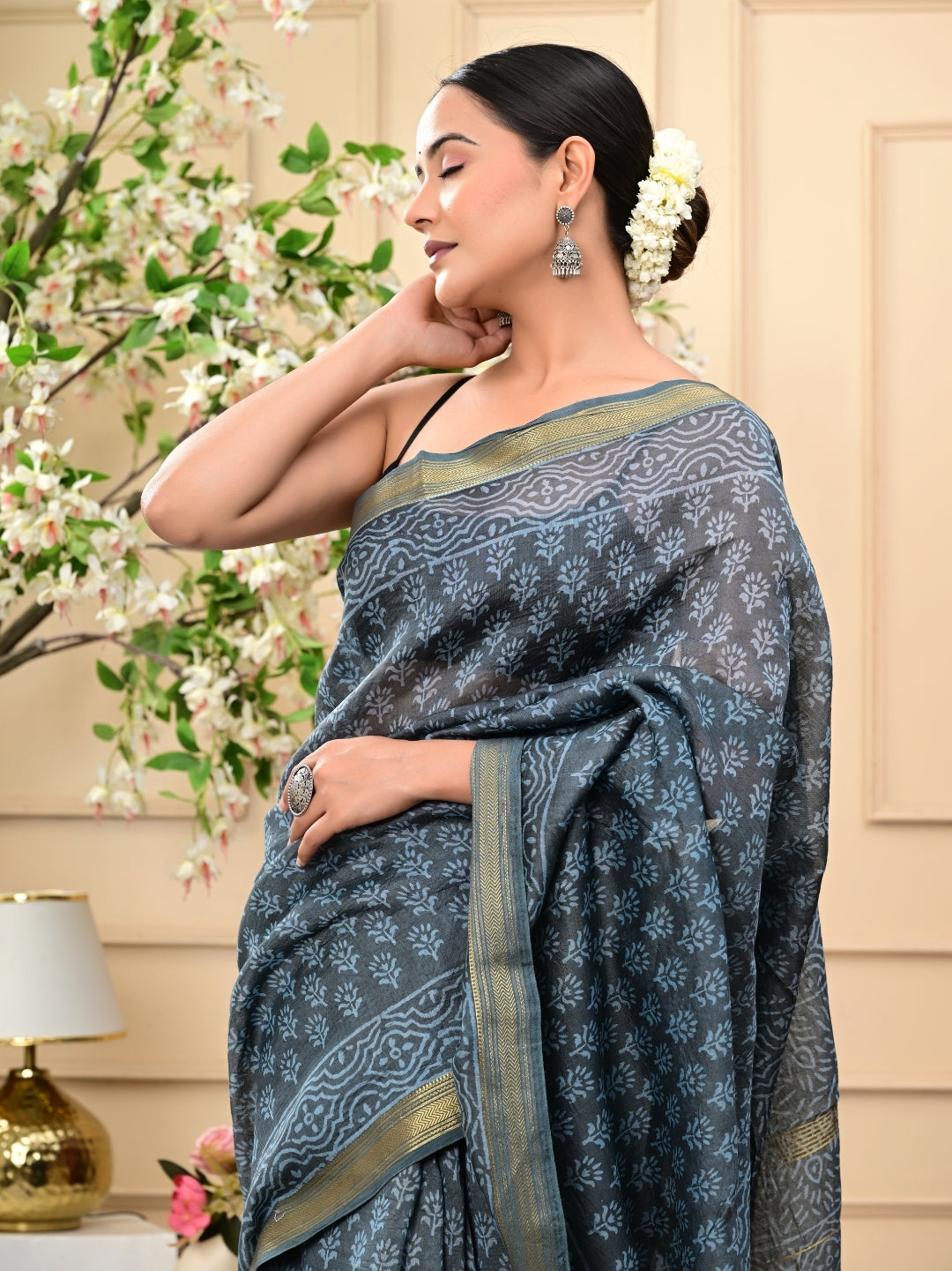 Traditional Wooden Block Printed Maheshwari Silk Sarees With Blouse