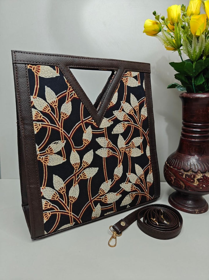 Elegance AjrakhCotton Fabric Kit-Kat (V Cut) Hand Bag