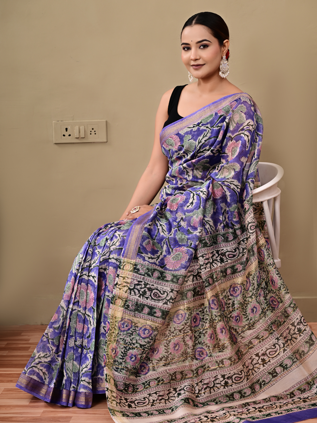 Bagru Rapid Block Printed Maheshwari Silk Saree