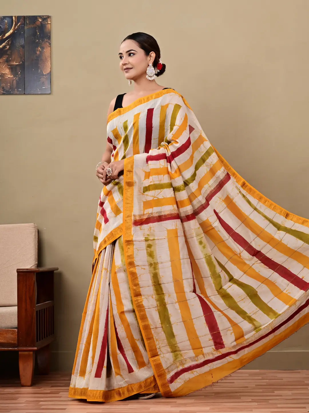 Yellow Batik Maheswari Silk Saree