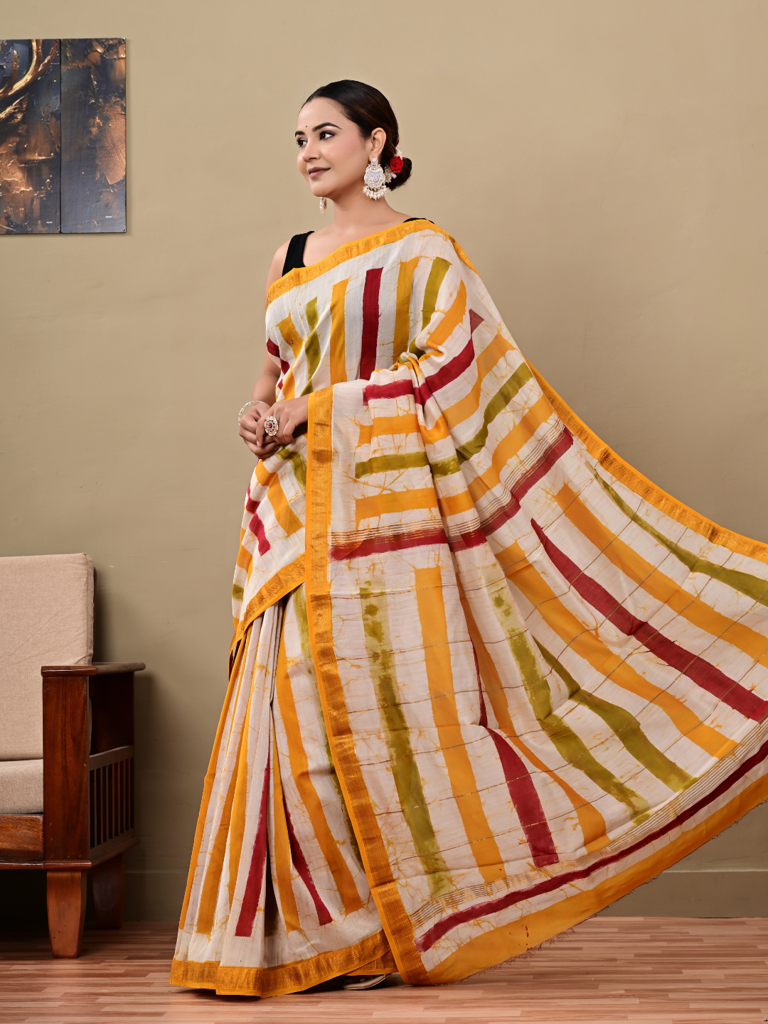 Yellow Batik Maheswari Silk Saree