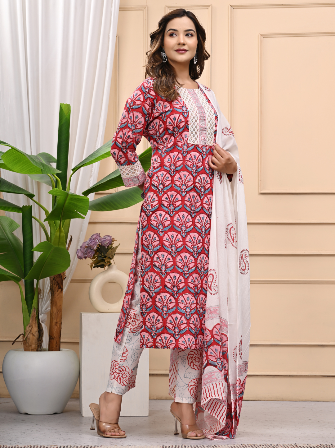 Red Bagru Print Cotton Stitched Suit with Mulmul Dupatta