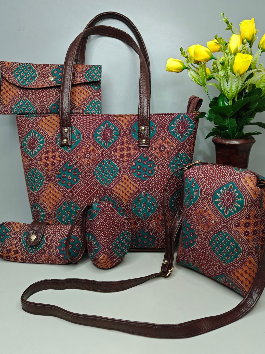 Ajrakh DesignCotton 5-Piece Combo Set Hand Bags