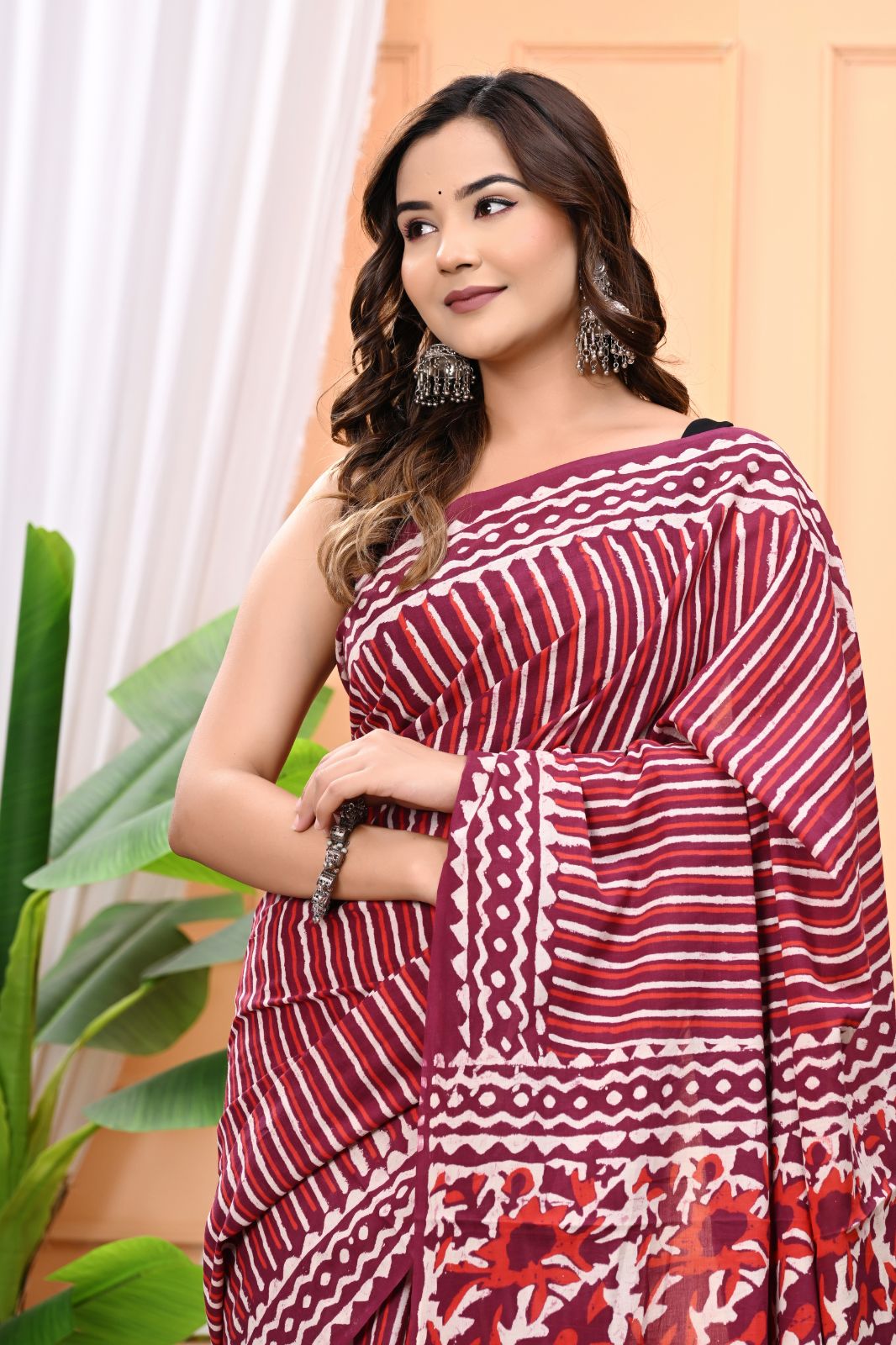 Lines Design Hand Block Printed Mulmul Cotton Saree