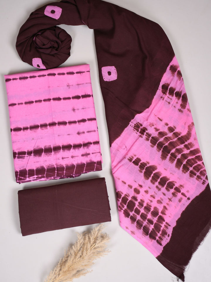 Pink Shibori Tie & Dye Cotton Suit With Soft Mul Cotton Dupatta