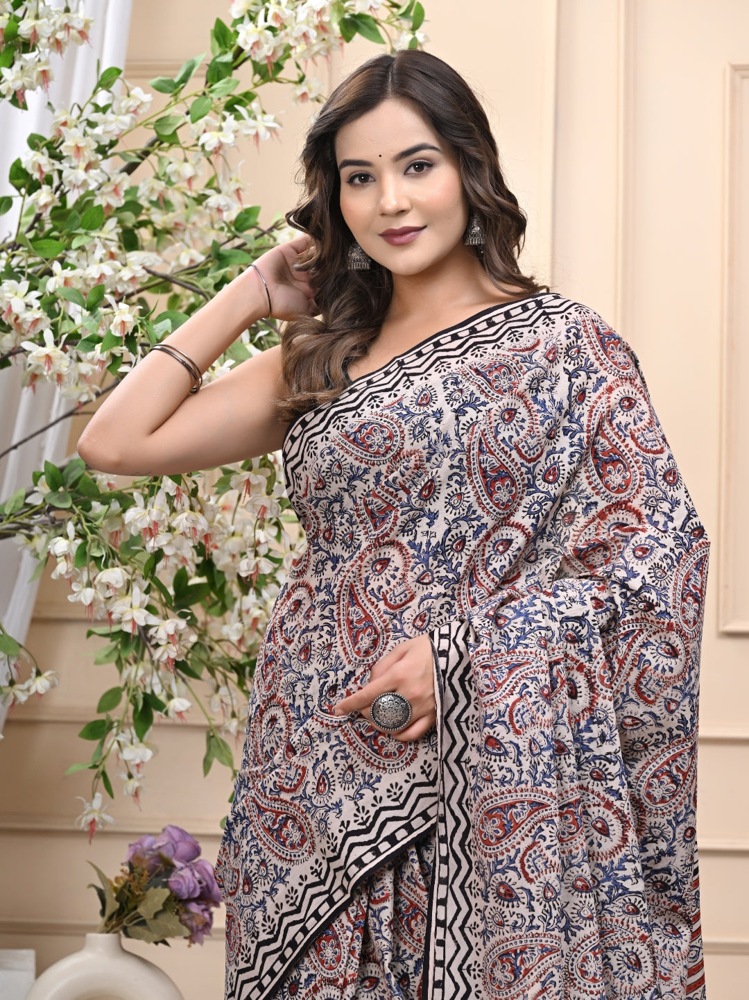 Bagru Kalamkari Handblock Printed Mulmul Cotton Saree