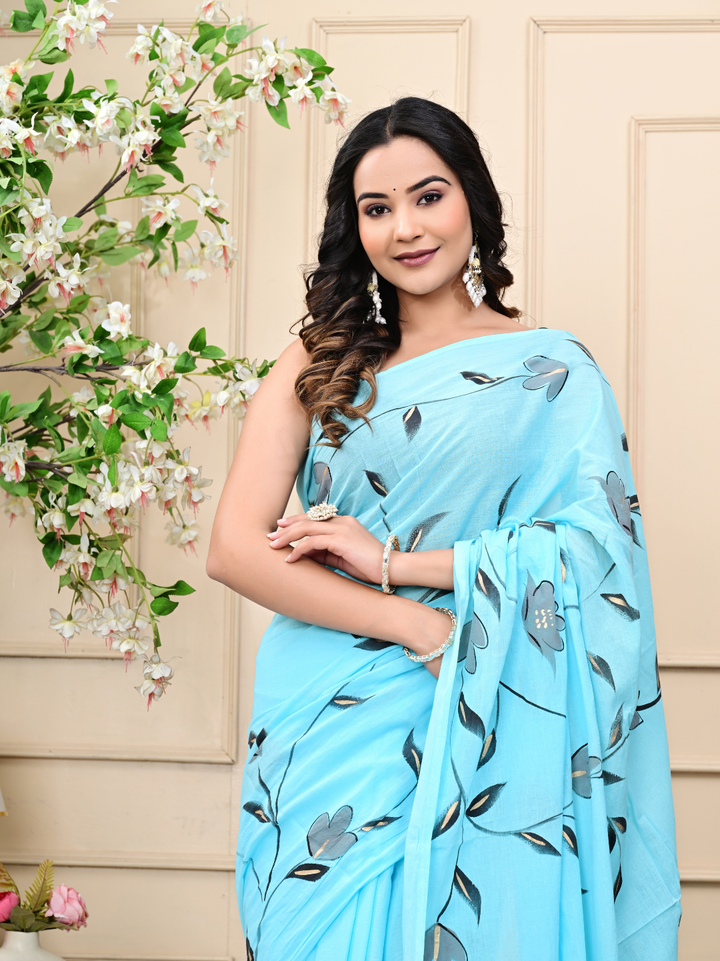 Sky Blue Hand-Brush Print Mulmul Cotton Saree