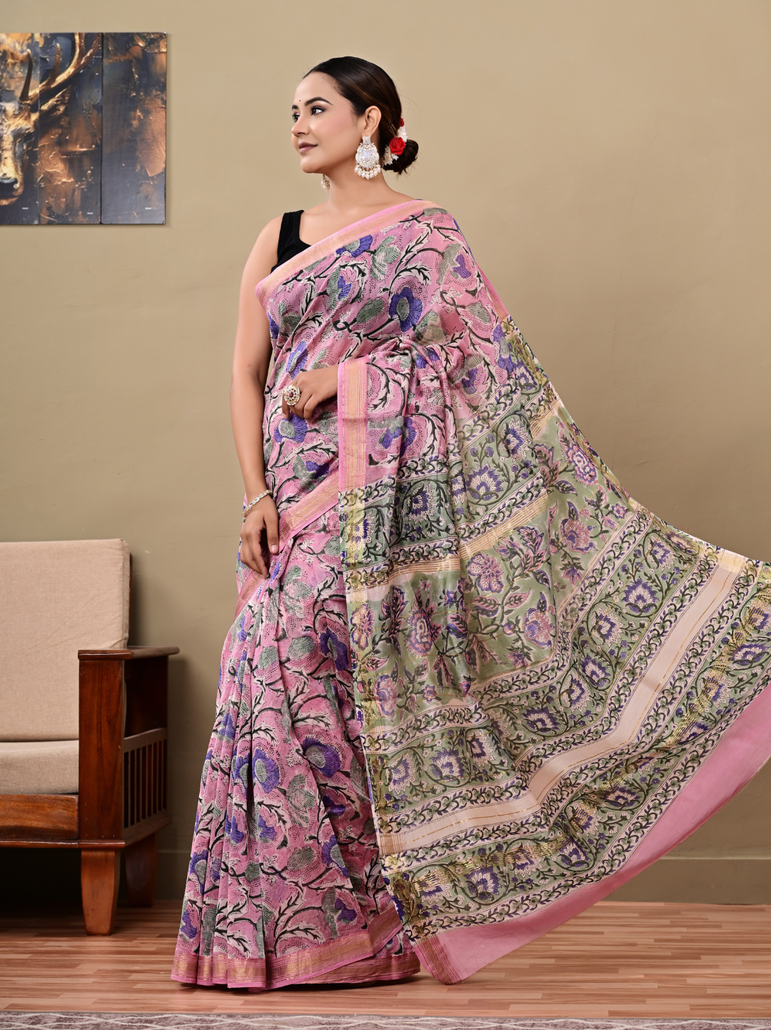 Traditional Pink Jaal Maheshwari Silk Saree