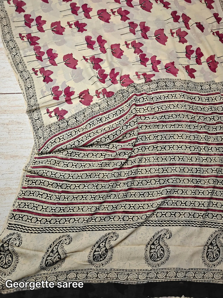 Flower Design Bagru HandBlock Super Georgette Saree