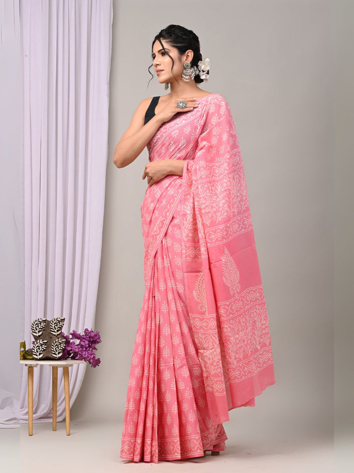 Baby Pink Bagru Handblock Printed Mulmul Cotton Saree