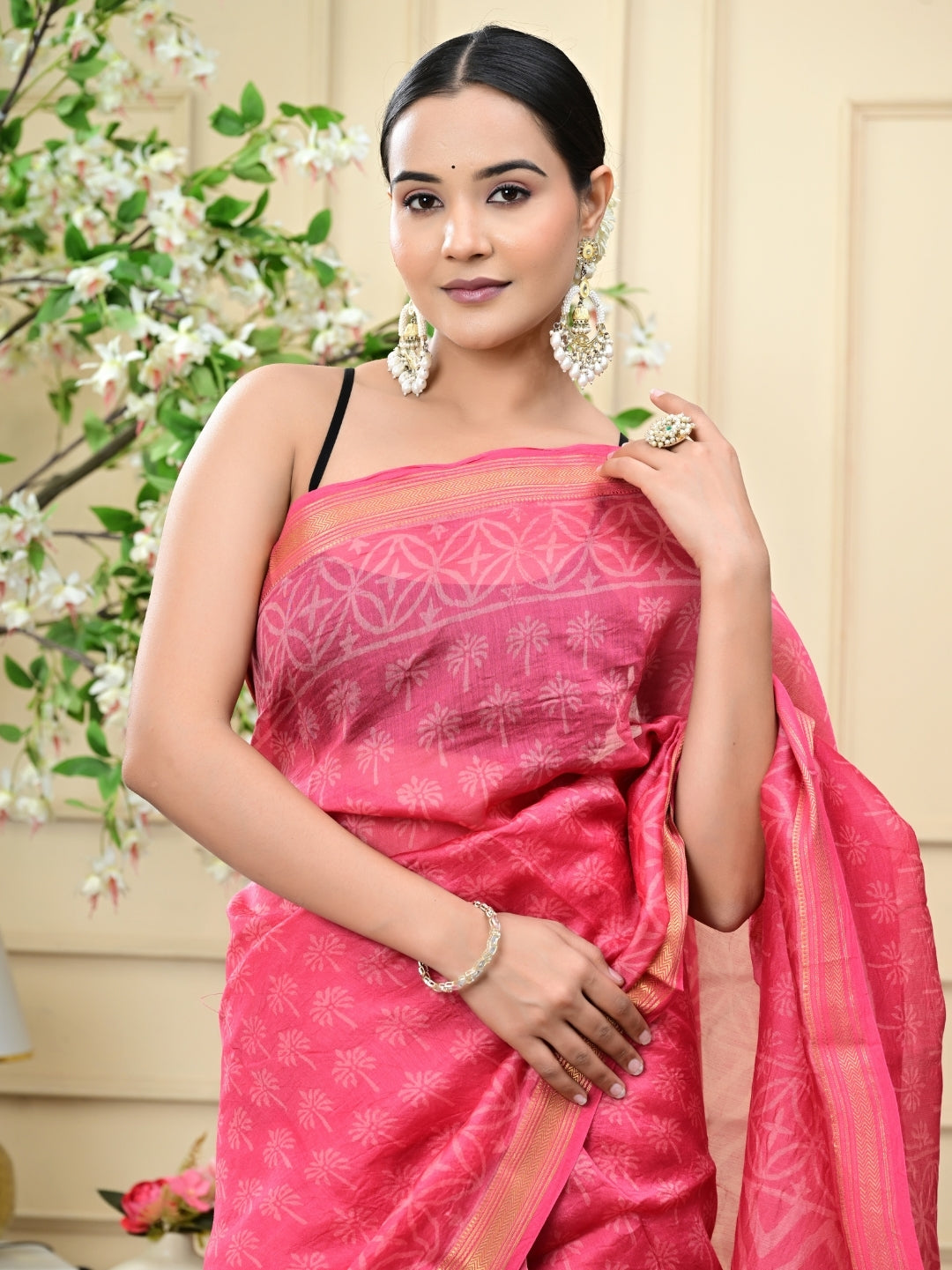 Warm Pink Handblock Print Maheshwari Silk Sarees