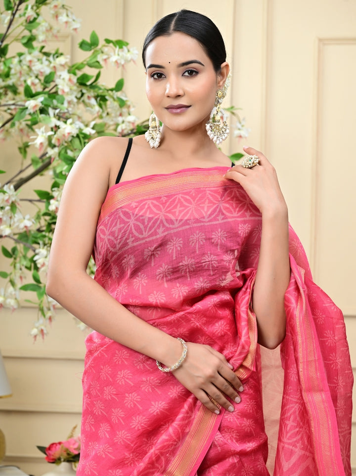 Warm Pink Handblock Print Maheshwari Silk Sarees