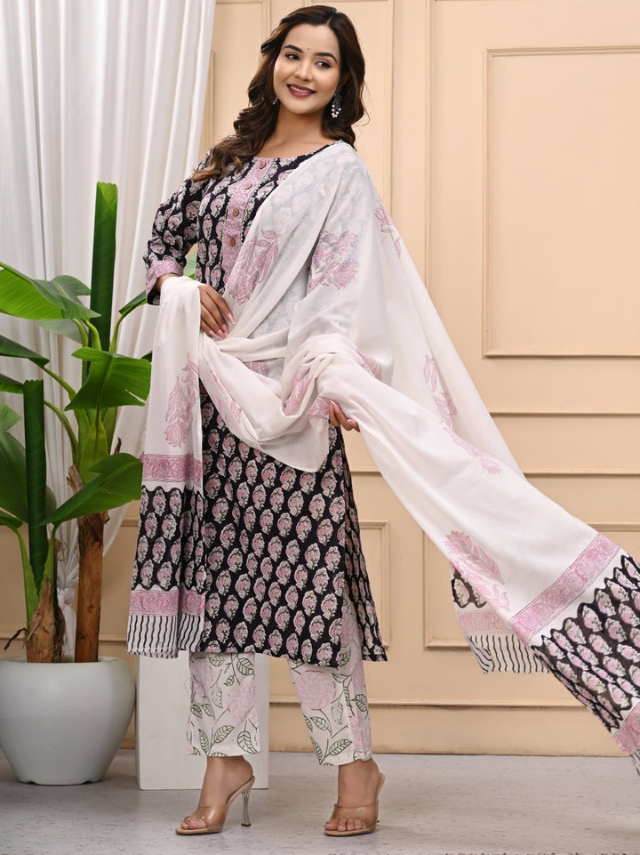 Black Handblock Printed Cotton Stitched Suit