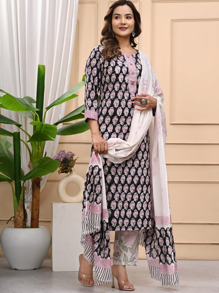 Black Handblock Printed Cotton Stitched Suit