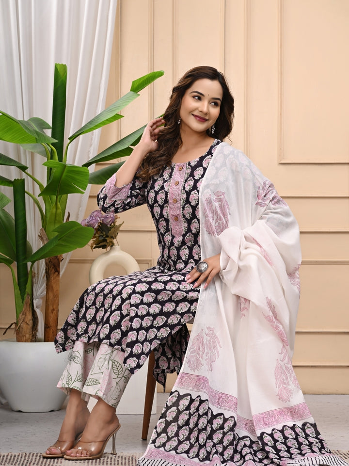 Black Handblock Printed Cotton Stitched Suit