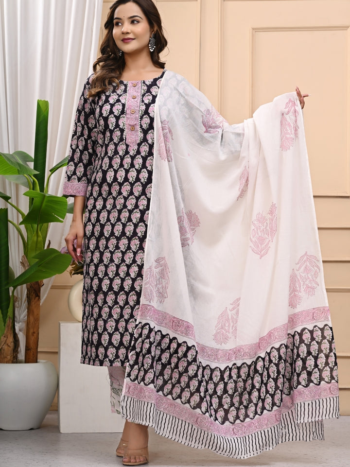 Black Handblock Printed Cotton Stitched Suit