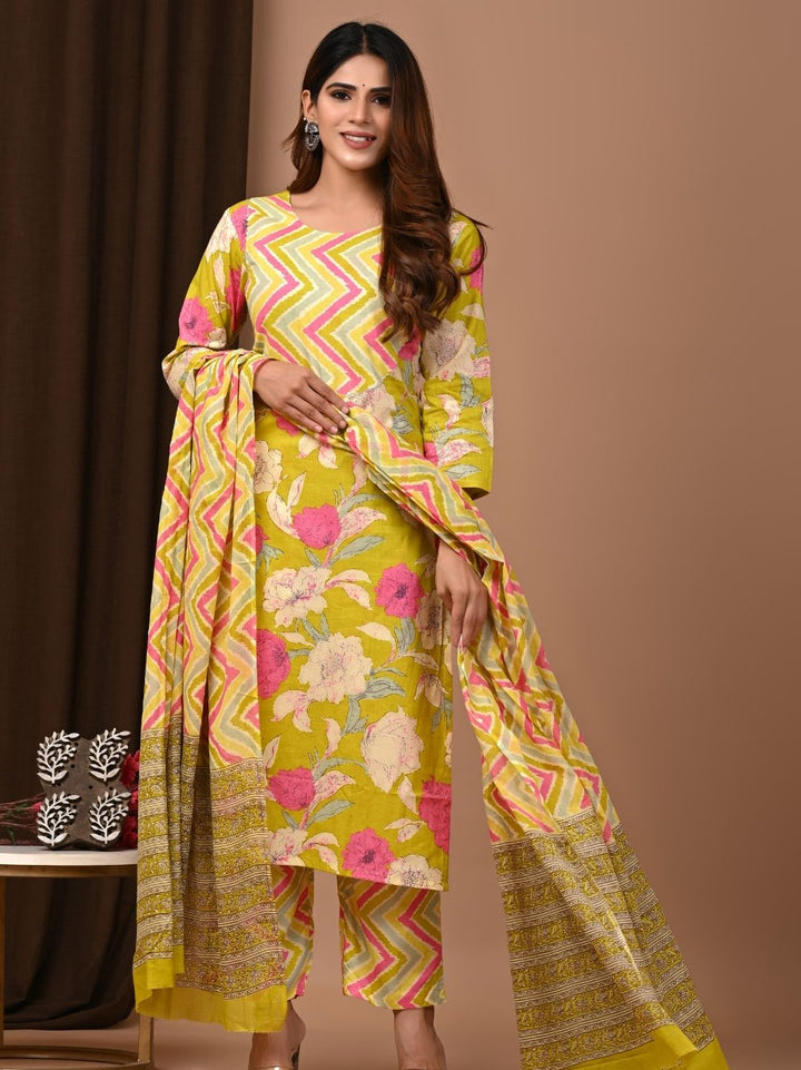 Blooming Grace Floral Design Cotton Stitched Suit Set