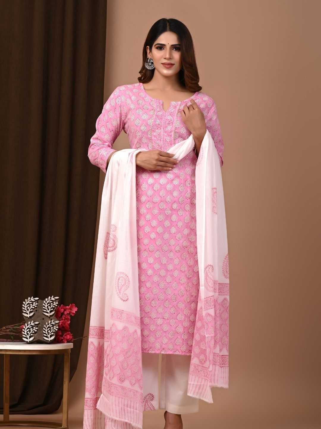 Pink Traditional Butti Hand Block Printed Cotton Suit