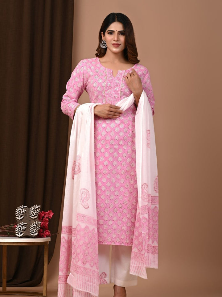 Pink Traditional Butti Hand Block Printed Cotton Suit