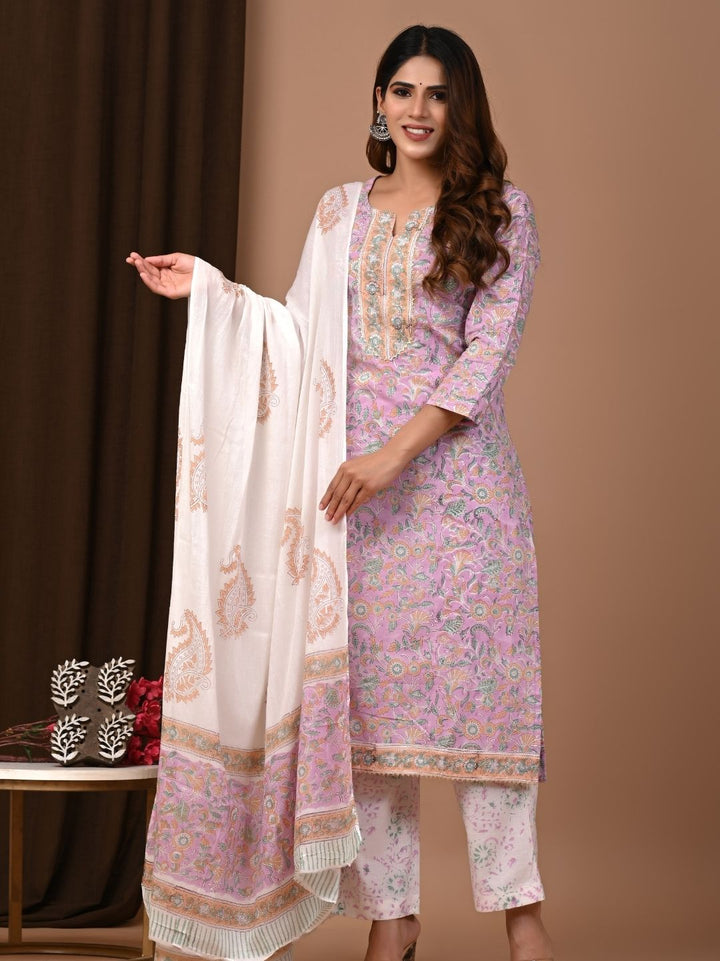Pastel Jaal Print Cotton Stitched Suit with Mulmul Cotton Dupatta
