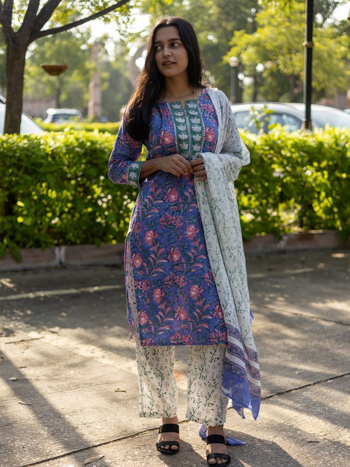 Purple Block Printed Cotton Suit with Mulmul Dupatta
