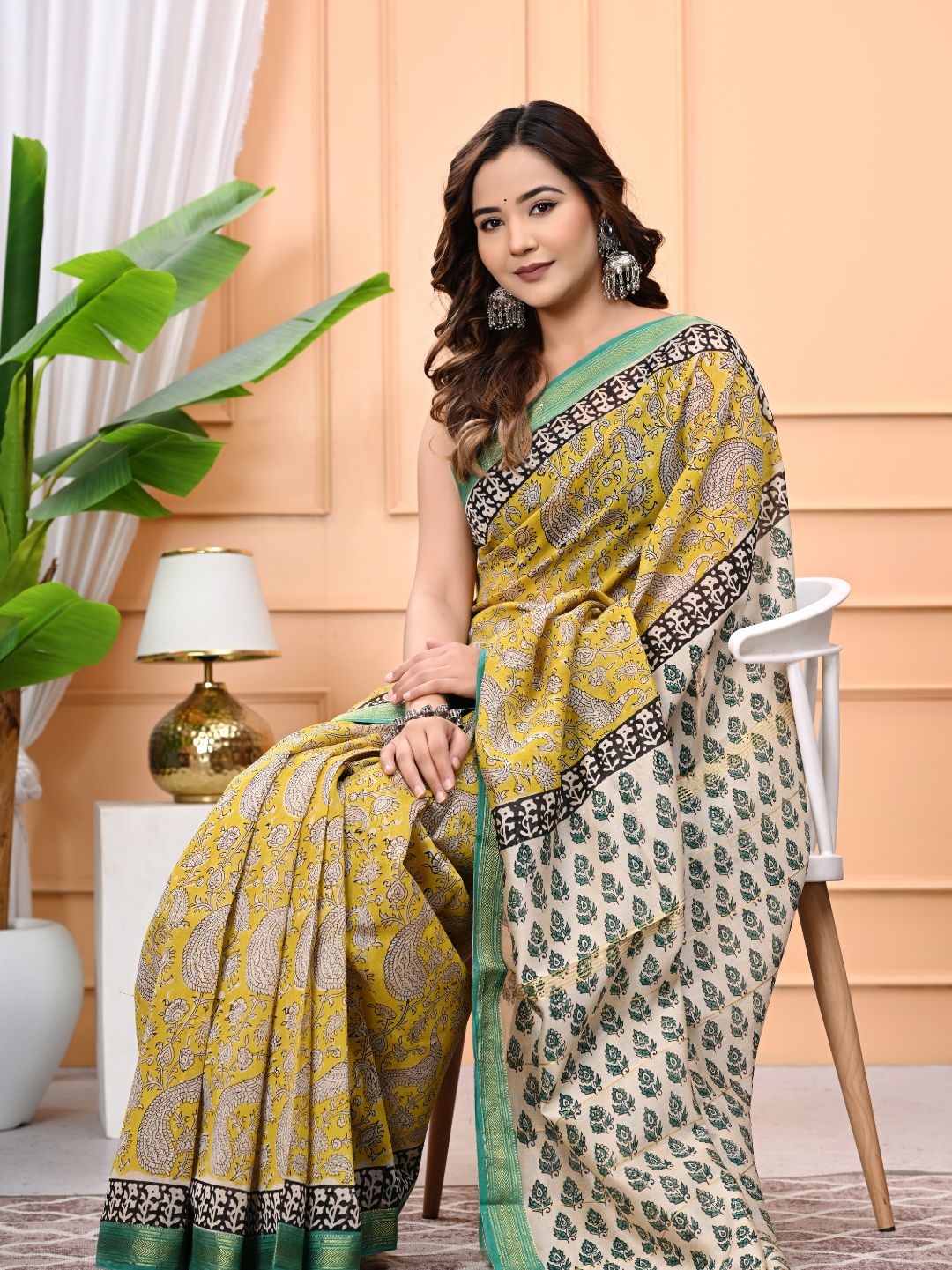 Yellow Green Bagru Block Printed Maheshwari Silk Saree