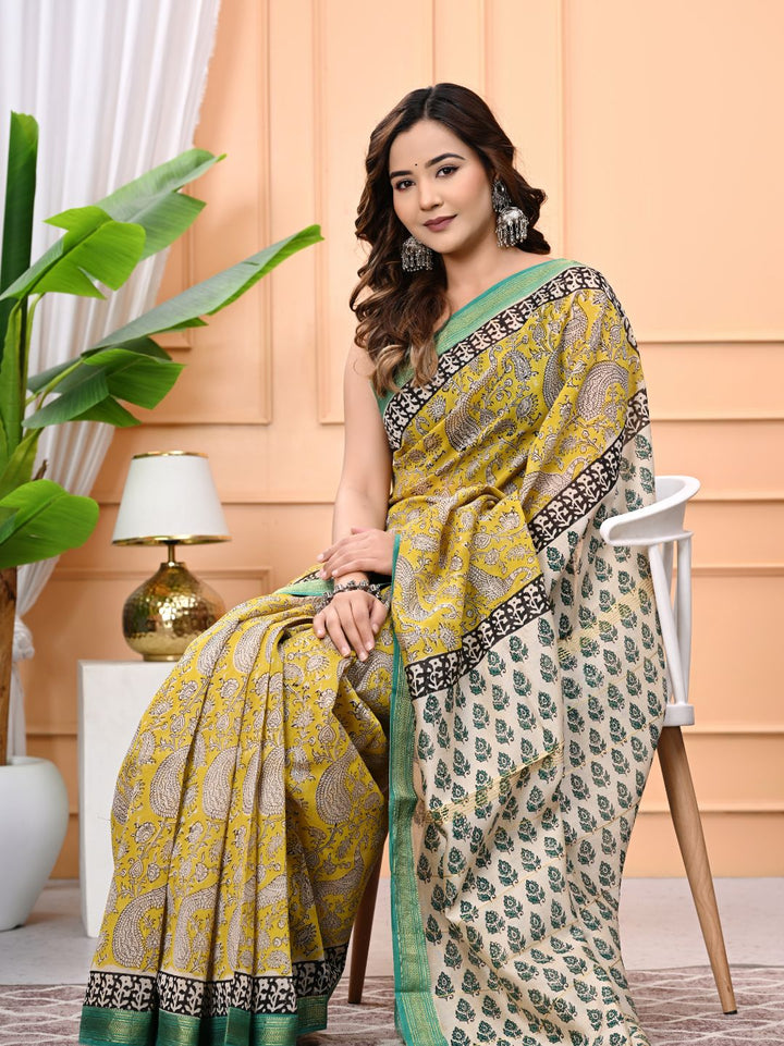 Yellow Green Bagru Block Printed Maheshwari Silk Saree