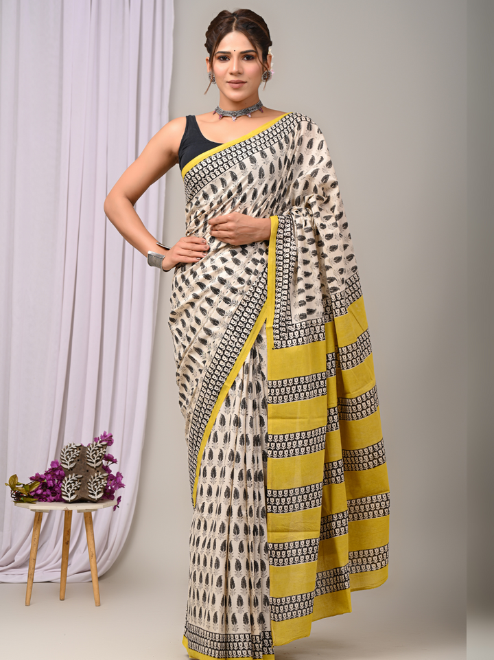 Coffee Base Bagru Handblock Printed Mulmul Cotton Saree