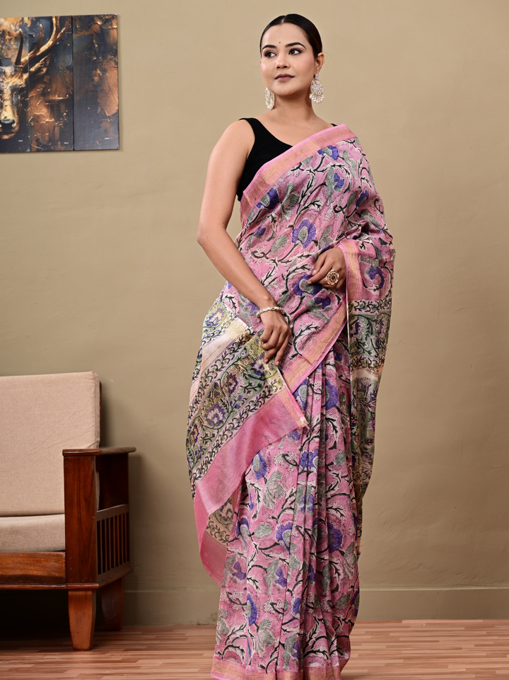 Traditional Pink Jaal Maheshwari Silk Saree