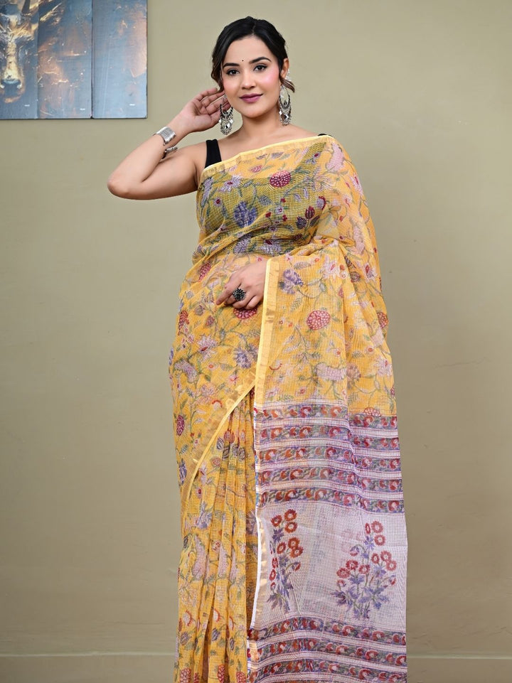 Attractive Yellow Repid Jaal HandBlock Pure Kota Doriya Saree