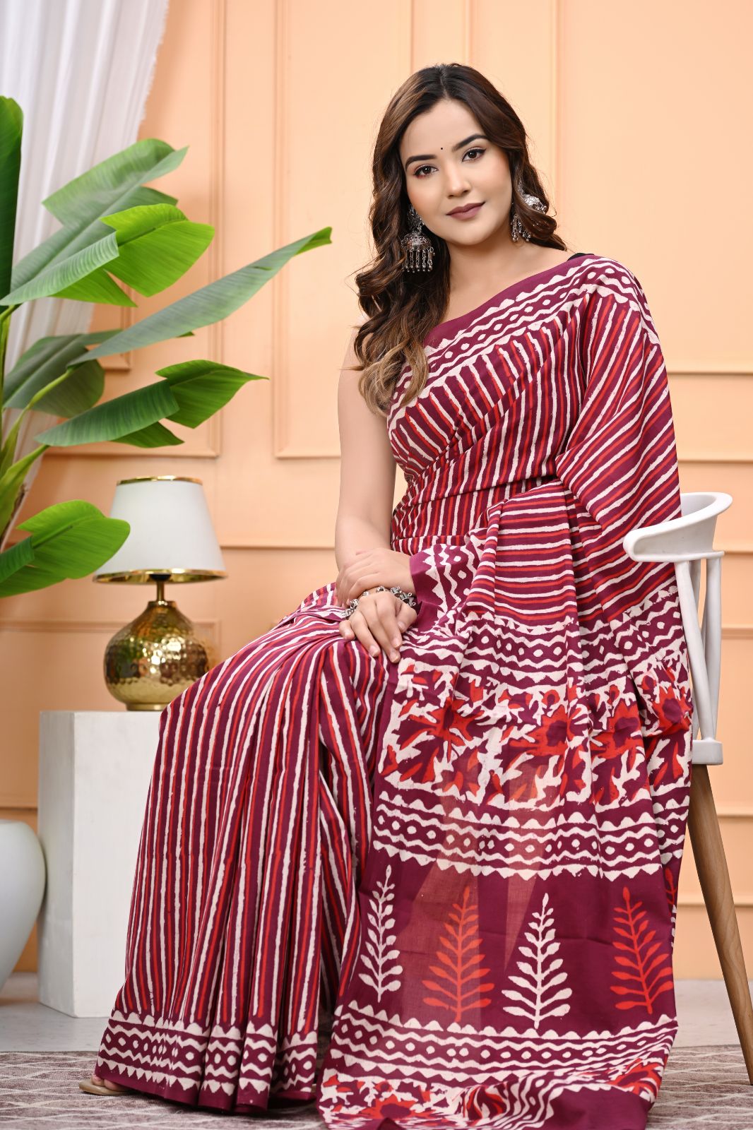 Lines Design Hand Block Printed Mulmul Cotton Saree