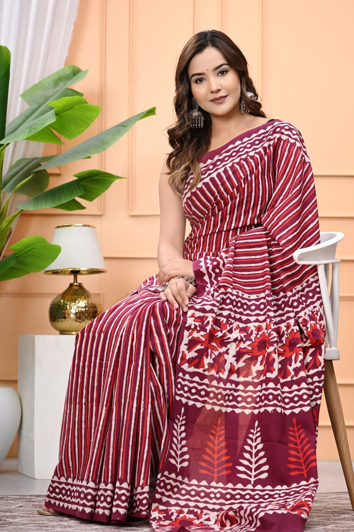 Lines Design Hand Block Printed Mulmul Cotton Saree