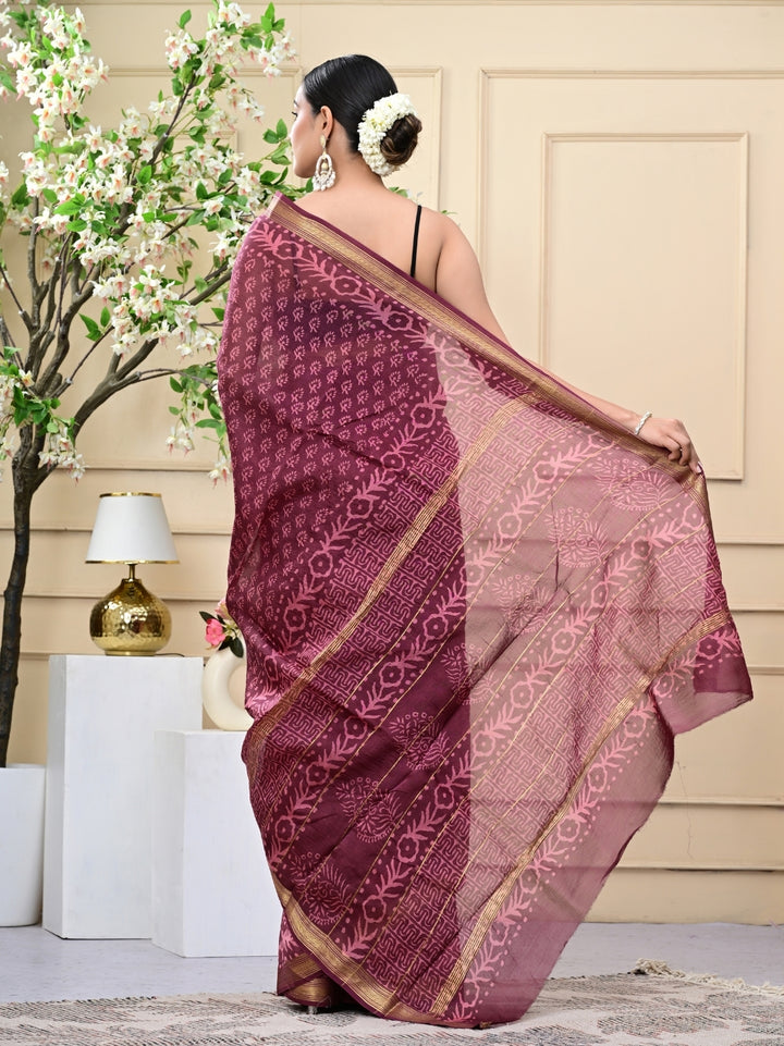 Wine Handblock Printed Maheshwari Silk Sarees With Blouse