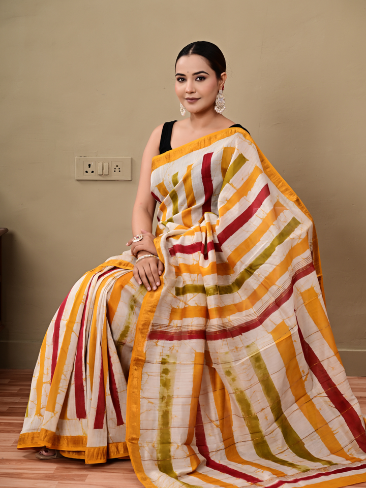 Yellow Batik Maheswari Silk Saree